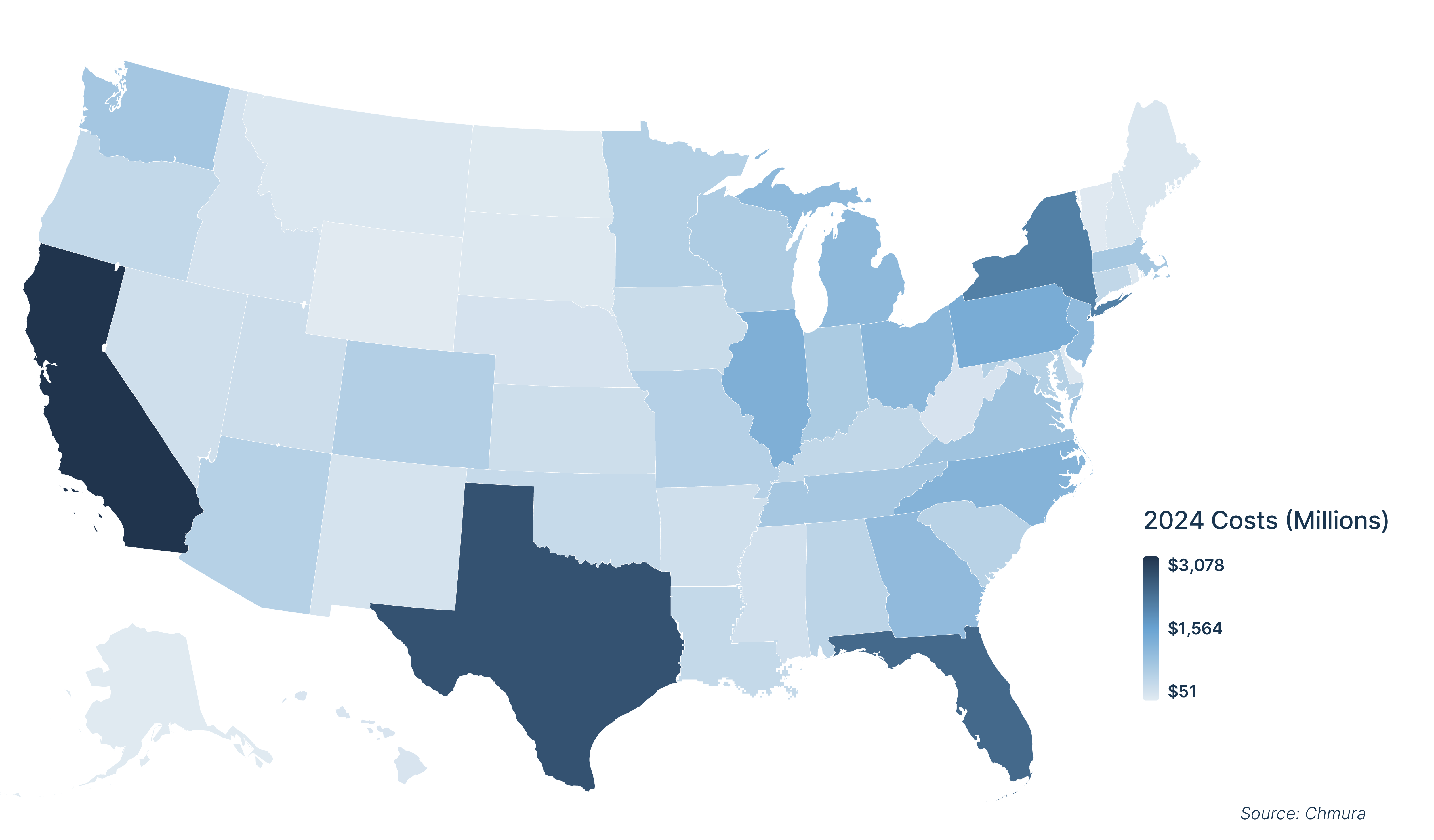 A map of the United States that depicts the states with the highest estimated breast cancer treatment costs in 2024